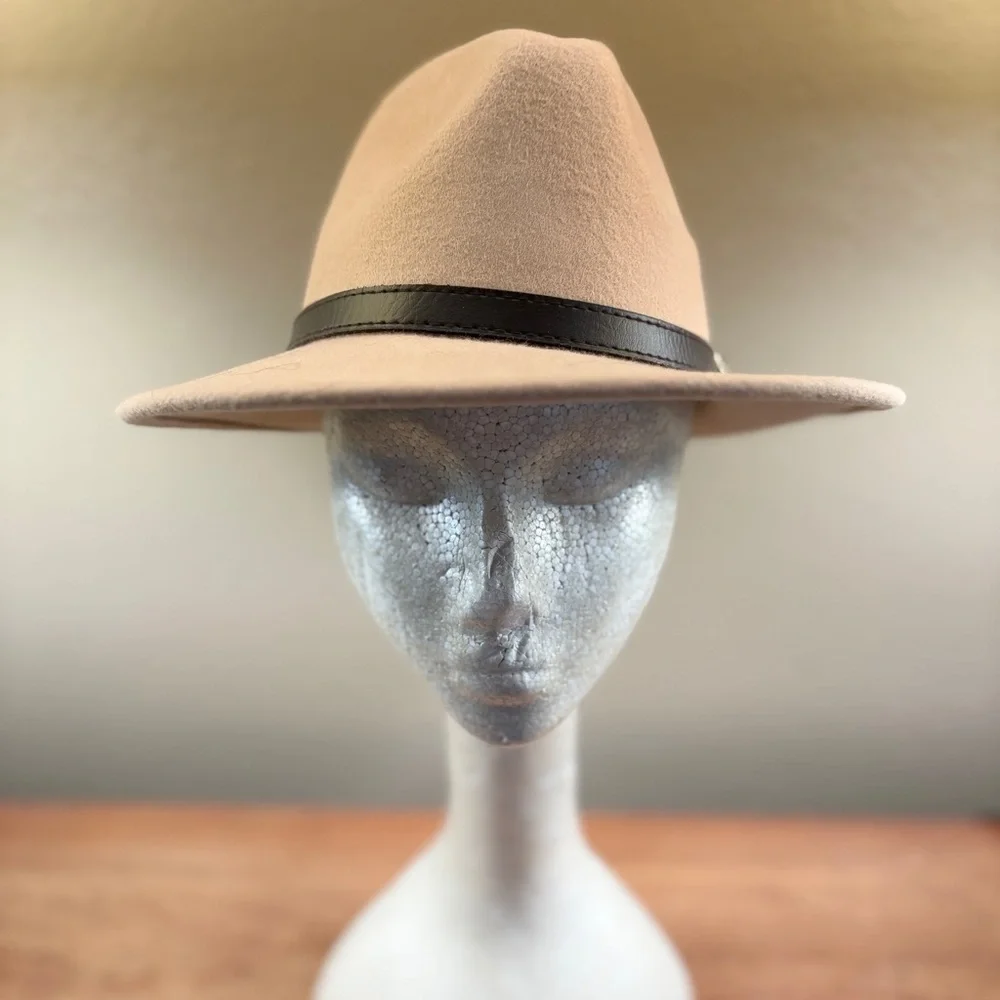 Fedora Classic Unisex Beige Adjustable Wool Hat, with Buckle Brown Trim